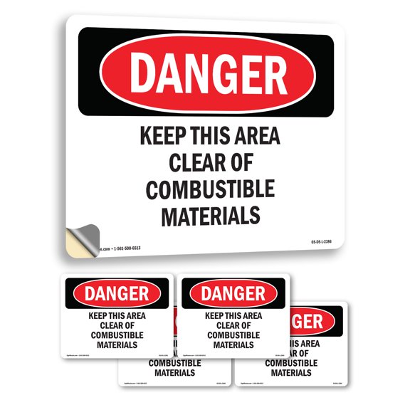 Keep This Area Clear Of Combustible Materials OSHA Danger Vinyl Decal Label 5 Inch x 3.5 Inch - 5 Pack