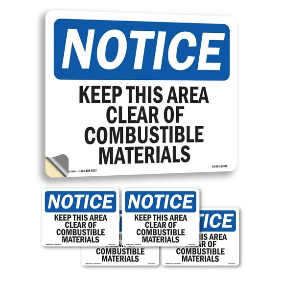 Keep This Area Clear Of Combustible Materials OSHA Notice Vinyl Decal Label 5 Inch x 3.5 Inch - 5 Pack