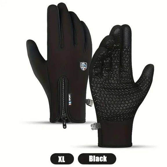 Keep Warm Touchscreen Gloves - Black, Winter Knitted Polyester Gloves with Zipper Closure, Available in M L XL, Hand Wash Only