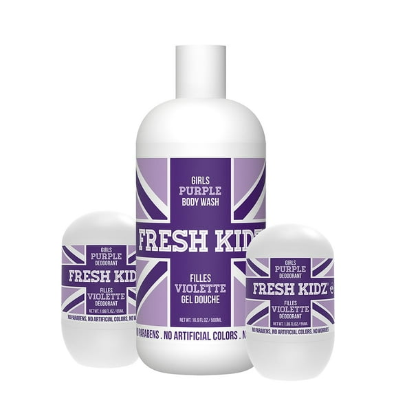 Keep it Kind Fresh Kidz Body Wash 16.9 fl.oz. and 2 Roll On Deodorants 1.86 fl.oz. - Girls"Purple" Set