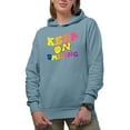 thumbnail image 1 of Keep on Smiling, Motivational Quote, Groovy Retro Wavy Text Merch Gift, Light Blue Hooded Sweatshirt or Hoodie, Large, 1 of 5