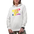 thumbnail image 1 of Keep on Smiling, Motivational Quote, Groovy Retro Wavy Text Merch Gift, White Hooded Sweatshirt or Hoodie, Small, 1 of 5