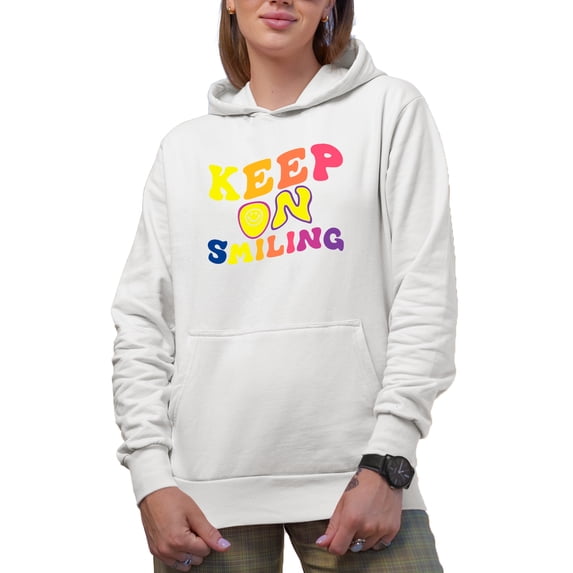Keep on Smiling, Motivational Quote, Groovy Retro Wavy Text Merch Gift, White Hooded Sweatshirt or Hoodie, Small