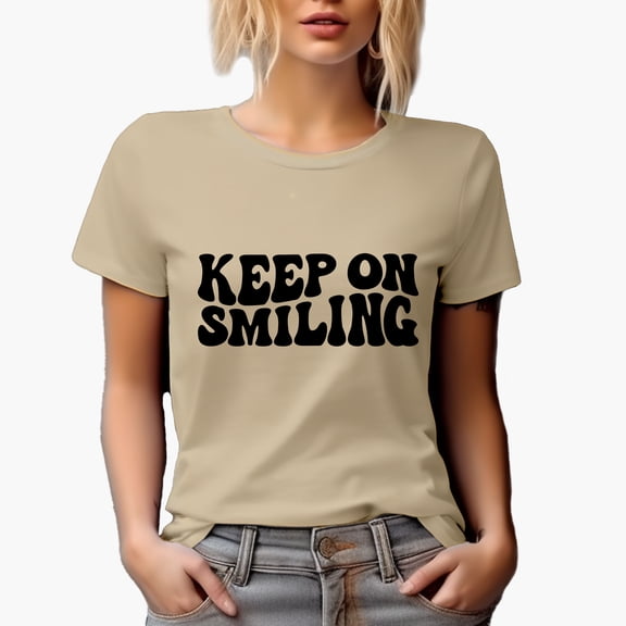 Keep on Smiling, Quote About Encouraging People to Smile, Groovy Retro Wavy Text Merch Gift, Tan T-Shirt, XL
