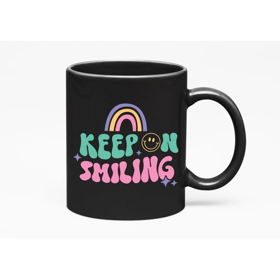 Keep on Smiling Quote, Retro Groovy Wavy Text & Rainbow Art Merch Gift, Black 11oz Ceramic Mug