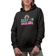 thumbnail image 1 of Keep on Smiling Quote, Retro Groovy Wavy Text & Rainbow Art Merch Gift, Black Hooded Sweatshirt or Hoodie, Small, 1 of 5