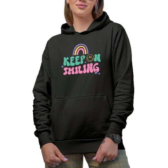 Keep on Smiling Quote, Retro Groovy Wavy Text & Rainbow Art Merch Gift, Black Hooded Sweatshirt or Hoodie, Small