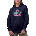 thumbnail image 1 of Keep on Smiling Quote, Retro Groovy Wavy Text & Rainbow Art Merch Gift, Navy Blue Hooded Sweatshirt or Hoodie, Small, 1 of 5