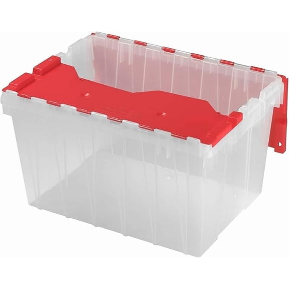 KeepBox 12 Gallon Storage Container, Nesting and Stackable Plastic Storage Box with Lid Attached, Clear Tote for Garages, Closets, and Moving, 21-1/2" x 15" x 12-1/2", Clear/Red