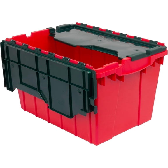KeepBox 12 Gallon Storage Container, Nesting and Stackable Plastic Storage Box with Lid Attached, Organizer Tote for Garages, Closets, and Moving, 21-1/2" x 15" x 12-1/2", Red/Green