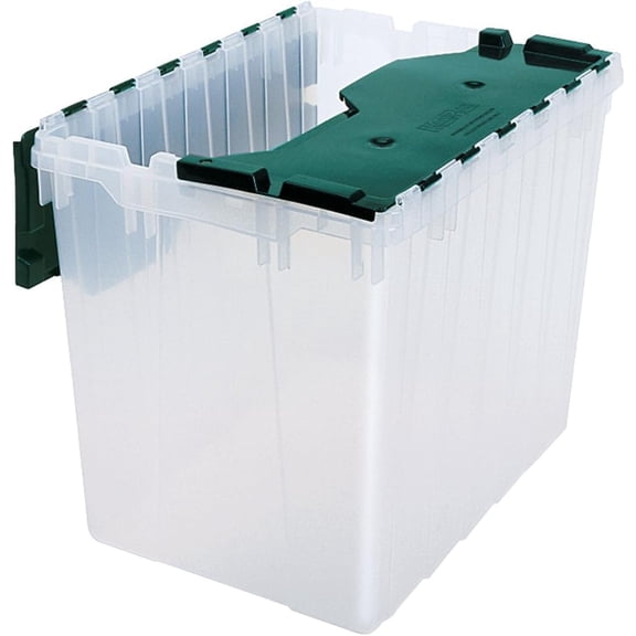 KeepBox 18 Gallon Storage Container, Nesting and Stackable Plastic Storage Box with Lid Attached, Clear Tote for Garages, Closets, and Moving, 21" x 15" x 17", Clear/Green
