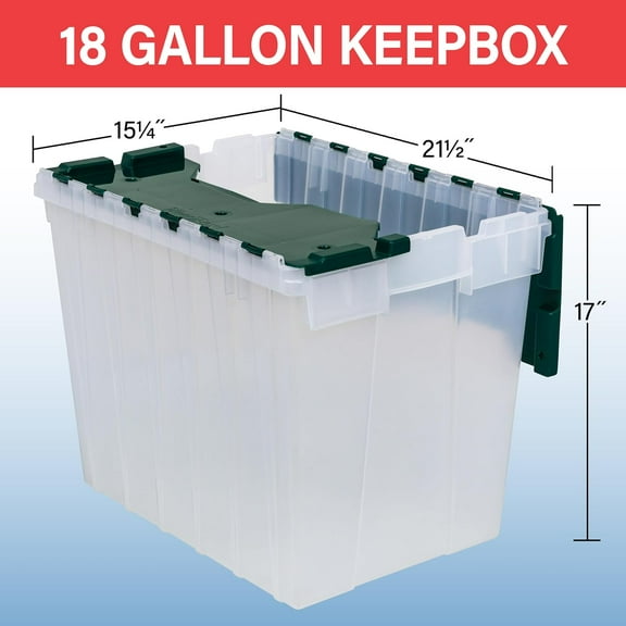 KeepBox 18 Gallon Storage Container, Nesting and Stackable Plastic Storage Box with Lid Attached, Clear Tote for Garages, Closets, and Moving, 21" x 15" x 17", Clear/Green