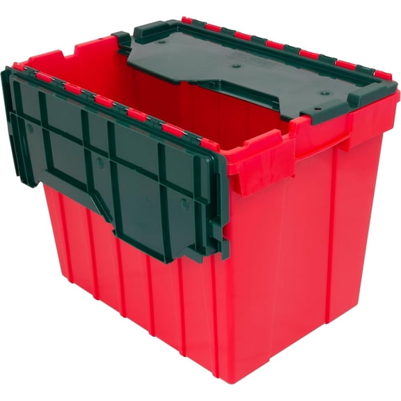 KeepBox 18 Gallon Storage Container, Nesting and Stackable Plastic Storage Box with Lid Attached, Organizer Tote for Garages, Closets, and Moving, 21" x 15" x 17", Red/Green