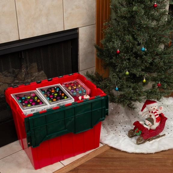 KeepBox 18 Gallon Storage Container, Nesting and Stackable Plastic Storage Box with Lid Attached, Organizer Tote for Garages, Closets, and Moving, 21" x 15" x 17", Red/Green