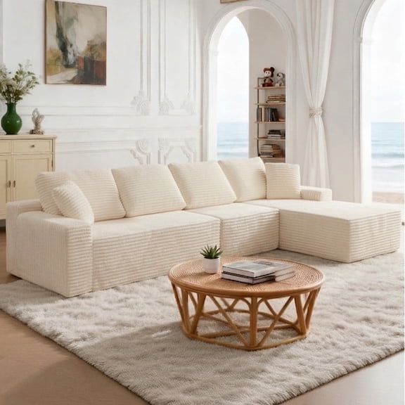 KeepCharm 141.7" Oversized L-Shaped Sectional Sofa, Extra Large Cloud Couch, Modular Boneless Corduroy Deep Seat Sofa, Memory Foam Couch, No Assembly, Beige
