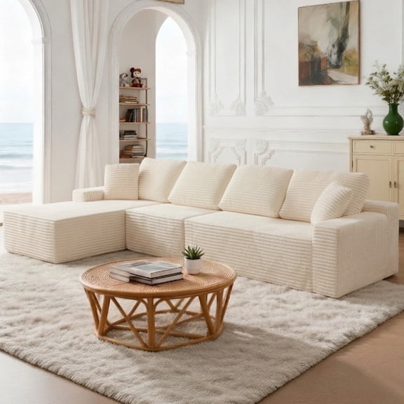 KeepCharm 141.7" Oversized Modular Sectional Sofa, Extra Large L-Shaped Cloud Couch, Boneless Corduroy Deep Seat Sofa, Memory Foam Couch, No Assembly, Cream