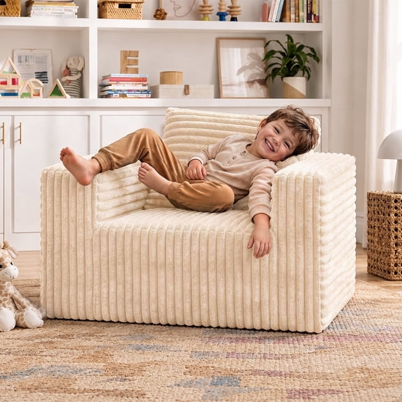 KeepCharm 30.3" Kids Sofa, Corduroy Toddler Couch in a Box with High-Density Foam, Boneless Mini Sofa Chair, No Assembly Kids Couch for Bedroom, Playroom, Reading Nook, Beige
