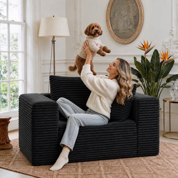KeepCharm 47" Corduroy Boneless Sofa, Couch in a Box with Memory Foam & Pocket Springs, No Assembly Floor Sofa Chair, Cloud Couch for Bedroom, Living Room, Apartment, Small Spaces, Black