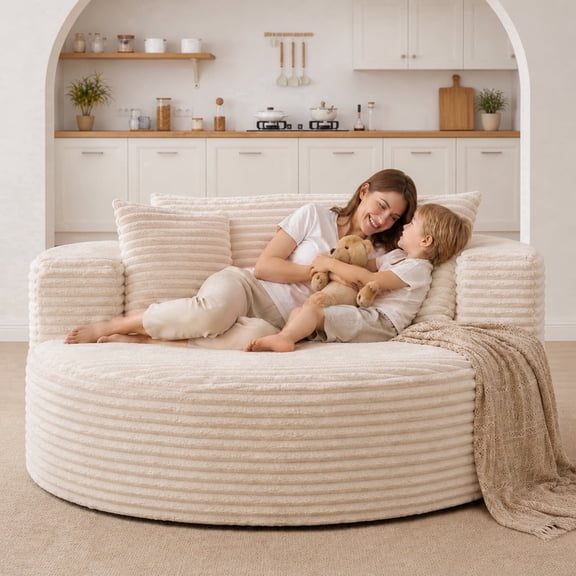 KeepCharm 55" Oversized Round Chaise Lounge Chair Indoor, Corduroy Upholstered Lounge Chair, High Density Foam Cloud Chair, No Assembly, Round Sofa for Living Room Bedroom Apartment, Beige