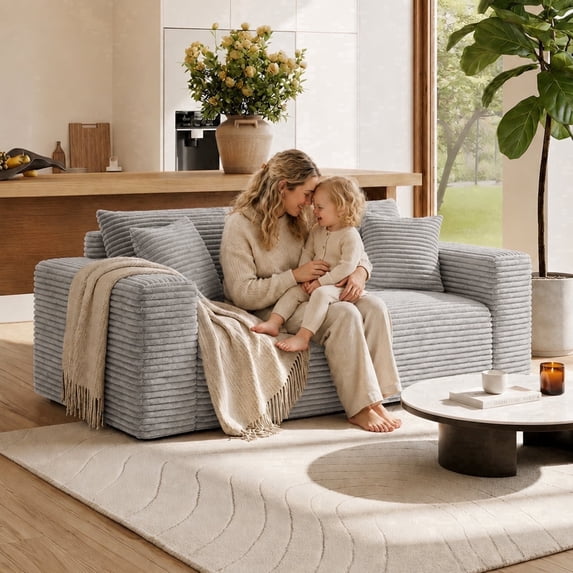 KeepCharm 67" Corduroy Boneless Loveseat Sofa, Memory Foam & Pocket Spring Cloud Couch, No Assembly Floor Sofa, Deep Seat Frameless Couch, Light Gray