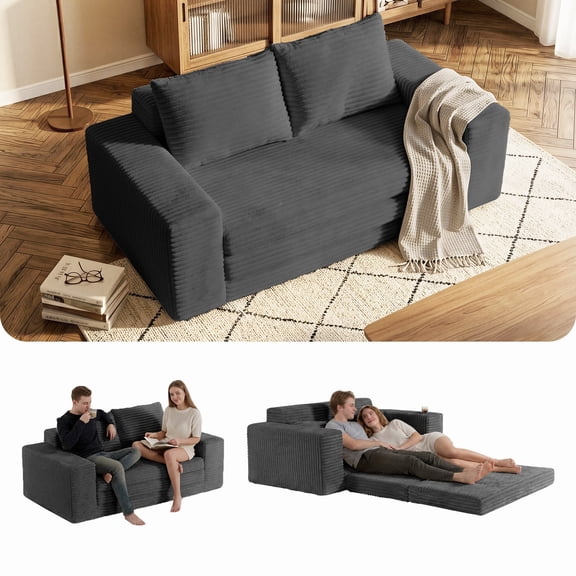 KeepCharm 69" Boneless Loveseat Sleeper Sofa Bed, Corduroy Convertible Fold Out Couch with Armrests, 76.4" Long Sleeping Area, No Assembly, Gray