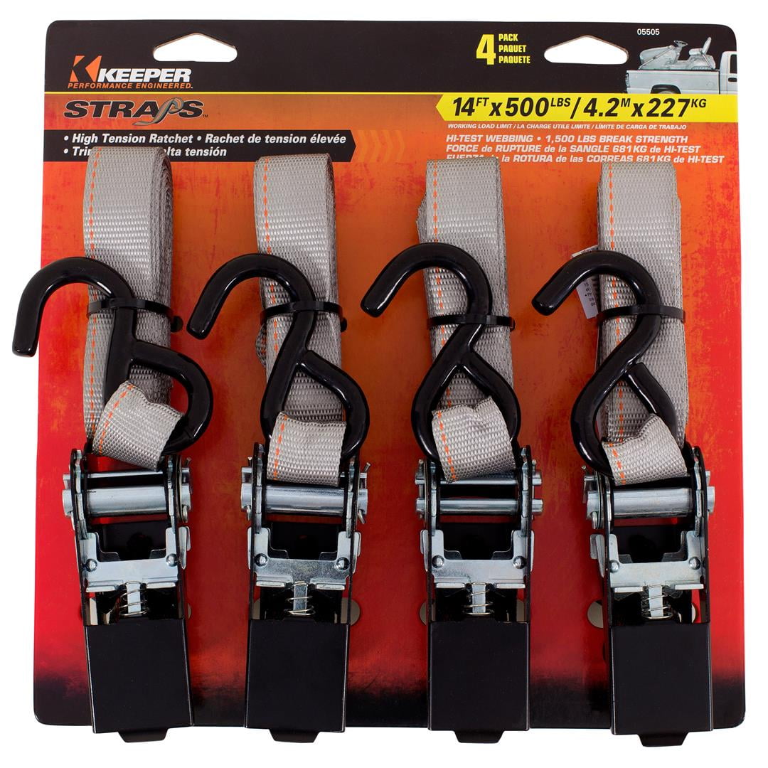 Keeper 1” x 14' High Tension Ratchet TieDown with S Hooks, 4 Pack