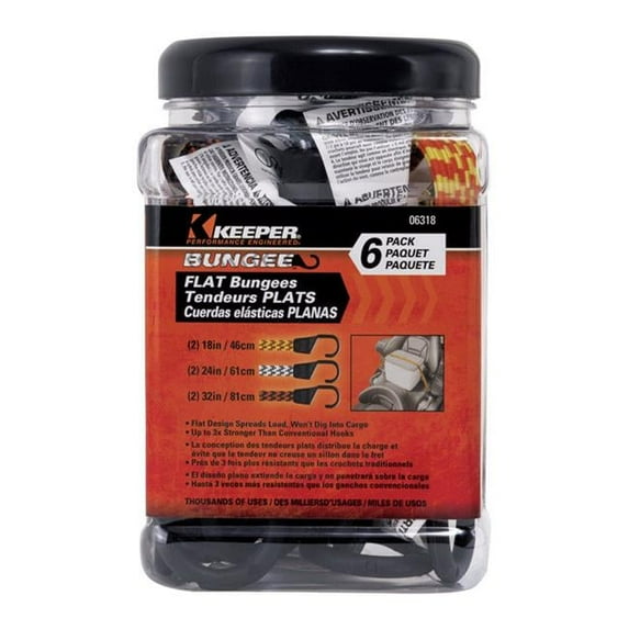 Keeper Flat Bungee Cord, Assorted - Pack of 6
