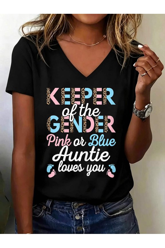 Keeper of The Gender Auntie Loves You Baby Shower Aunt Women V Neck T-Shirt Cotton Women's V Neck Graphic Tee, Casual Short Sleeve Shirt,Vacation Outfit