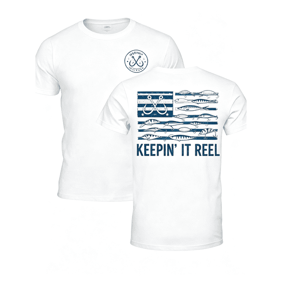 Keepin It Reel Distressed US Flag Fishing Hook Lure Double Sided Print T-Shirt, Outdoor Fisherman Angler Hobby Patriotic Short Sleeve Tee For Men