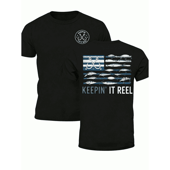 Keepin It Reel Distressed US Flag Fishing Hook Lure Double Sided Print T-Shirt, Outdoor Fisherman Angler Hobby Patriotic Short Sleeve Tee For Men