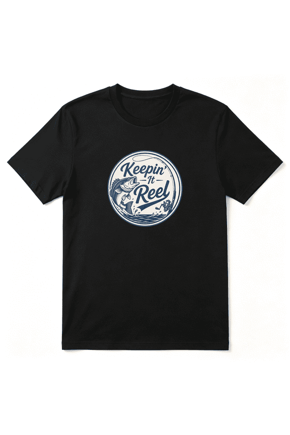 Keepin It Reel Fish Badge Vintage Graphic Tee For Men, Angler Road Trip Cotton Short Sleeves T-Shirt