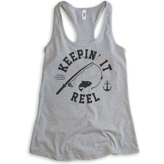 Keepin' It Reel Tank Top, Ladies Racerback Tank Top, Fishing Tank, Fish Pun Tank, Fisherman Tank, Heather Gray, Small