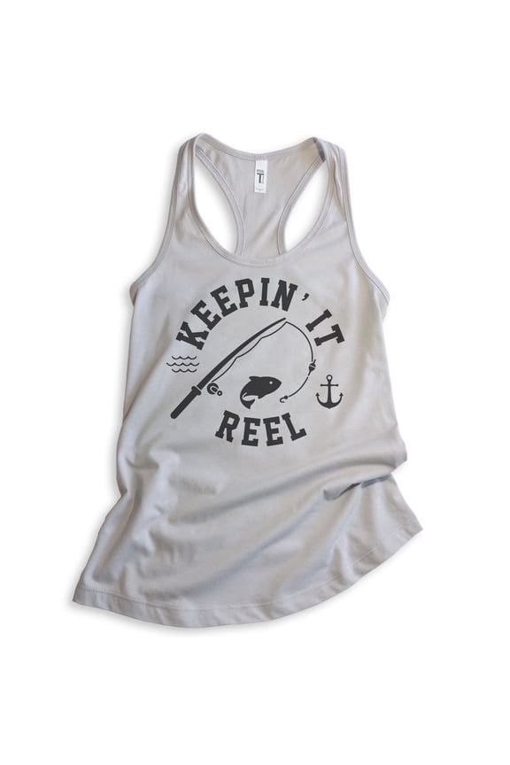 Keepin' It Reel Tank Top, Ladies Racerback Tank Top, Fishing Tank, Fish Pun Tank, Fisherman Tank, Silver Gray, X-Large
