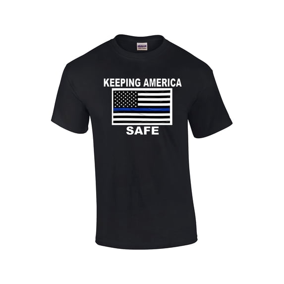 Keeping America Safe Blue Line American Flag Short Sleeve T-shirt-Black-XXL