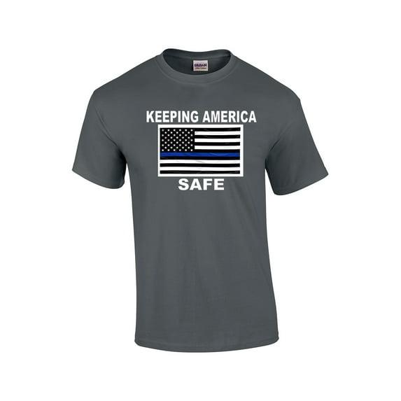 Keeping America Safe Blue Line American Flag Short Sleeve T-shirt-Charcoal-Large