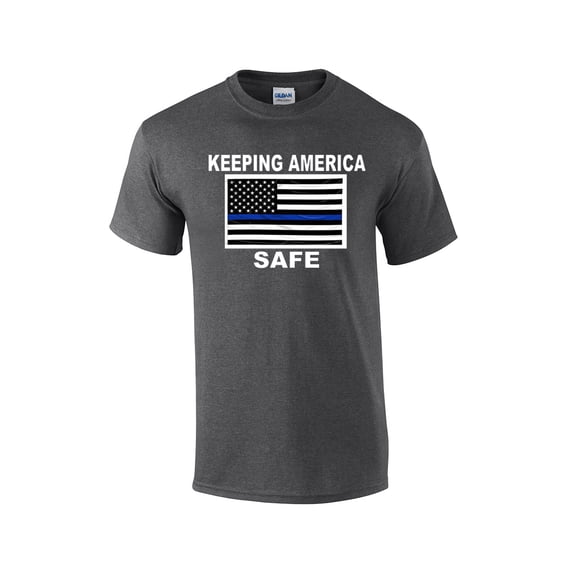 Keeping America Safe Blue Line American Flag Short Sleeve T-shirt-HeatherGray-Small
