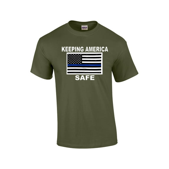 Keeping America Safe Blue Line American Flag Short Sleeve T-shirt-Military-Large