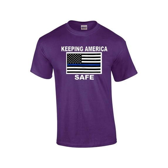 Keeping America Safe Blue Line American Flag Short Sleeve T-shirt-Purple-4Xl