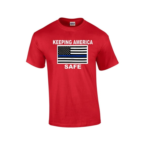 Keeping America Safe Blue Line American Flag Short Sleeve T-shirt-Red-Medium