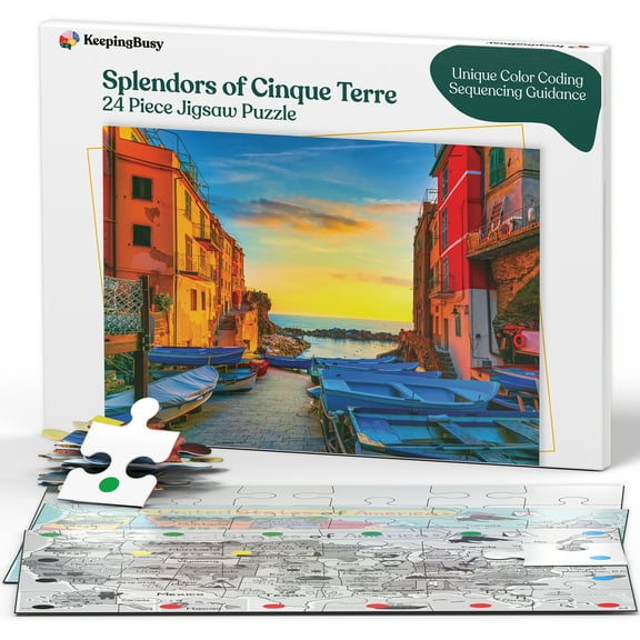 Keeping Busy Dementia Puzzles for Seniors: 24-Piece Cinque Terre Color Coded Puzzle with Sorting Bags, Alzheimer's Activities Cognitive Games with Clear Picture, Discussion Guide Included