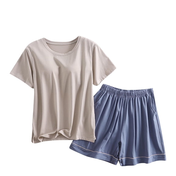 Keeplus Comfy Outfits for Women Pj Plus Size 2 Piece Solid Color Pajama Sets Loose Oversized Sleepwear Short Sleeve Button down Shirts Shorts Casual Loungewear