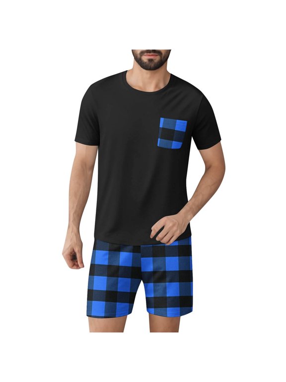 Comfy Outfits for Men Pj Big and Tall 2 Piece Crew Neck Plaid Pajama Sets Sleepwear Short Sleeve T Shirts Shorts Casual Loungewear