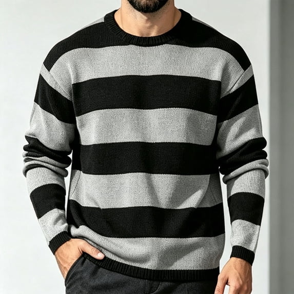 Keeplus Crewneck Sweaters for Men Striped Colorblock Bands Long Sleeve Pullover Classic Fall Winter Casual Top