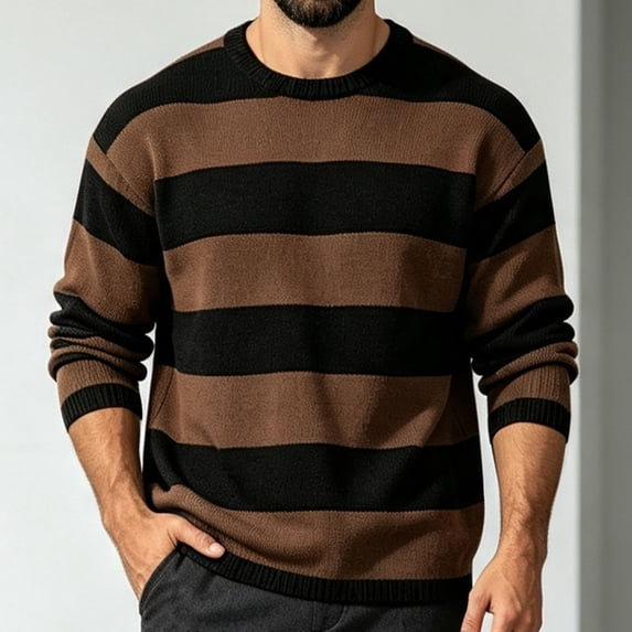 Keeplus Crewneck Sweaters for Men Striped Colorblock Bands Long Sleeve Pullover Classic Fall Winter Casual Top