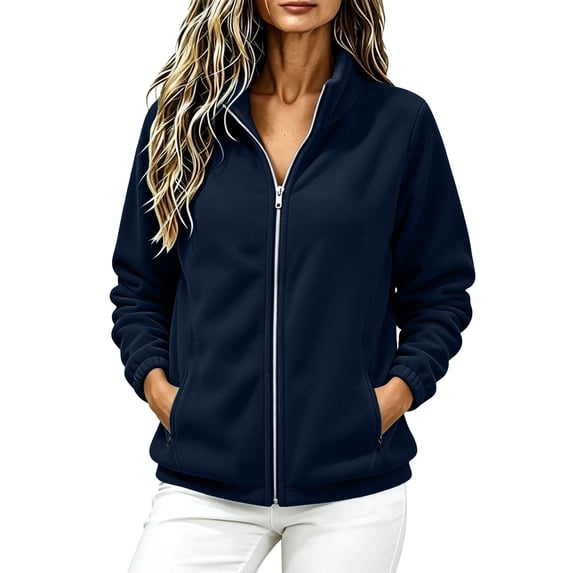 Keeplus Full Zip Jacket for Women Solid Stand Collar Long Sleeve Side Zip Pockets Classic Fall Winter Outerwear