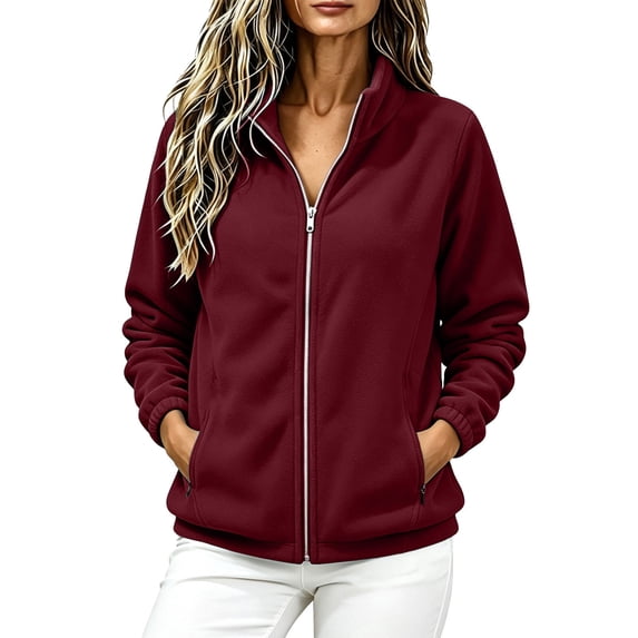Keeplus Full Zip Jacket for Women Solid Stand Collar Long Sleeve Side Zip Pockets Classic Fall Winter Outerwear