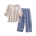 thumbnail image 1 of Keeplus Pajamas for Women Set Plus Size 2 Piece Solid Color Pjs Set Loose Oversized Sleepwear 3/4 Sleeve Button down Shirts Capri Pants Casual Lounge Sets Outfits, 1 of 6