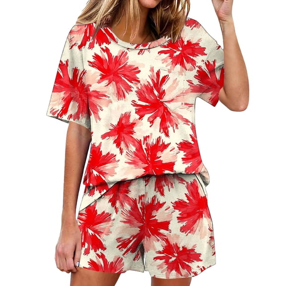 Keeplus Pajamas for Women Set Plus Size 2 Piece Flowers Pjs Set Sleepwear Short Sleeve T Shirts Short Trendy Lounge Sets Outfits