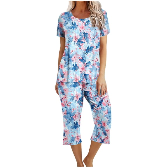 Keeplus Womens Loungewear Sets Pajamas Plus Size 2 Piece Pjs Set Sleepwear Short Sleeve T Shirts Capri Pants Trendy Lounge Sets Outfits