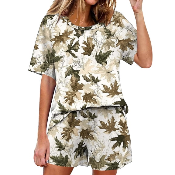 Keeplus Womens Pajama Sets Plus Size 2 Piece Crew Neck Flowers Pjs Set Sleepwear Short Sleeve T Shirts Short Trendy Lounge Sets Outfits